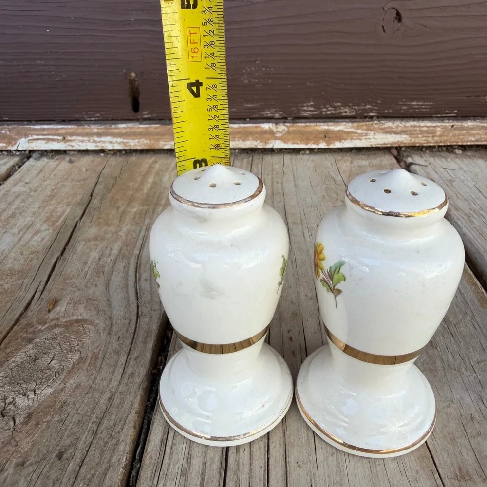 Vintage Floral‎ Ceramic Salt and Pepper Shakers White Gold Trim 4.5 Inch